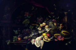 Andrea Marinell, Großes Stillleben mit Früchten, Öl auf Leinwand, 1980er, Gerahmt
