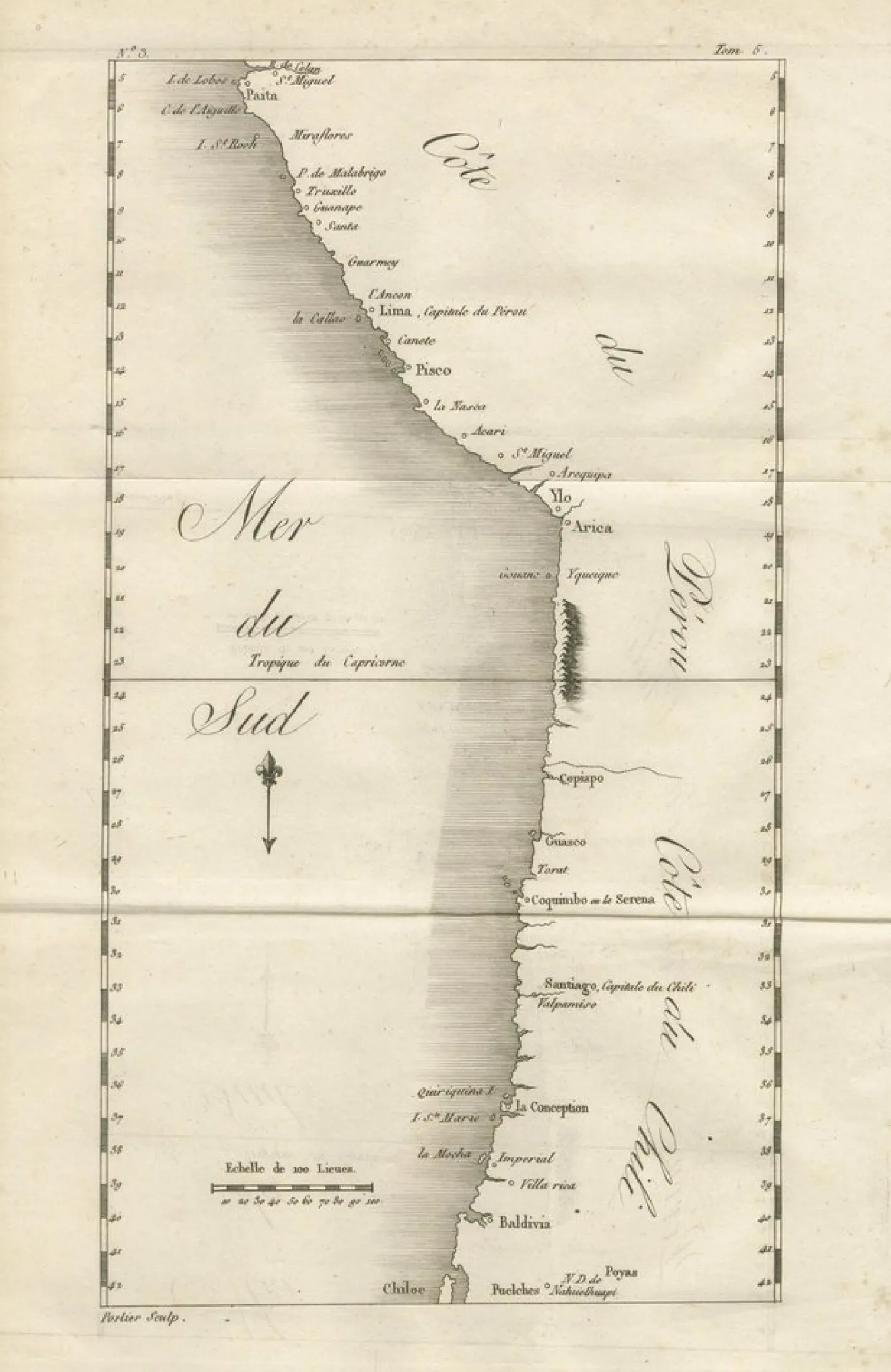 Antike Landkarte der Küste von Peru und Chile, 1760er
