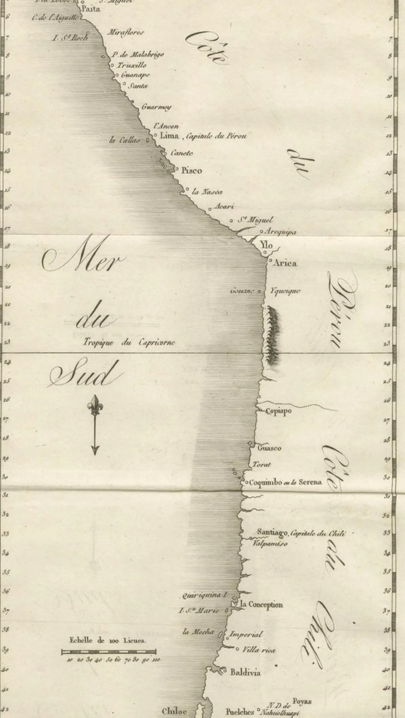 Antike Landkarte der Küste von Peru und Chile, 1760er