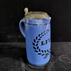Antiker Bierkrug aus Fayence & Keramik mit Zinndeckel, Brüssel, Belgien, 1820er