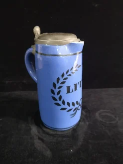 Antiker Bierkrug aus Fayence & Keramik mit Zinndeckel, Brüssel, Belgien, 1820er