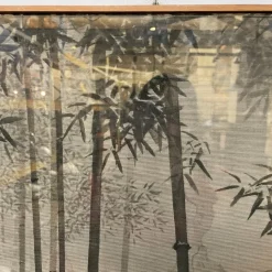 Antiker japanischer Wandteppich aus Seide mit 5 Füchsen im Bambuswald, 1700er