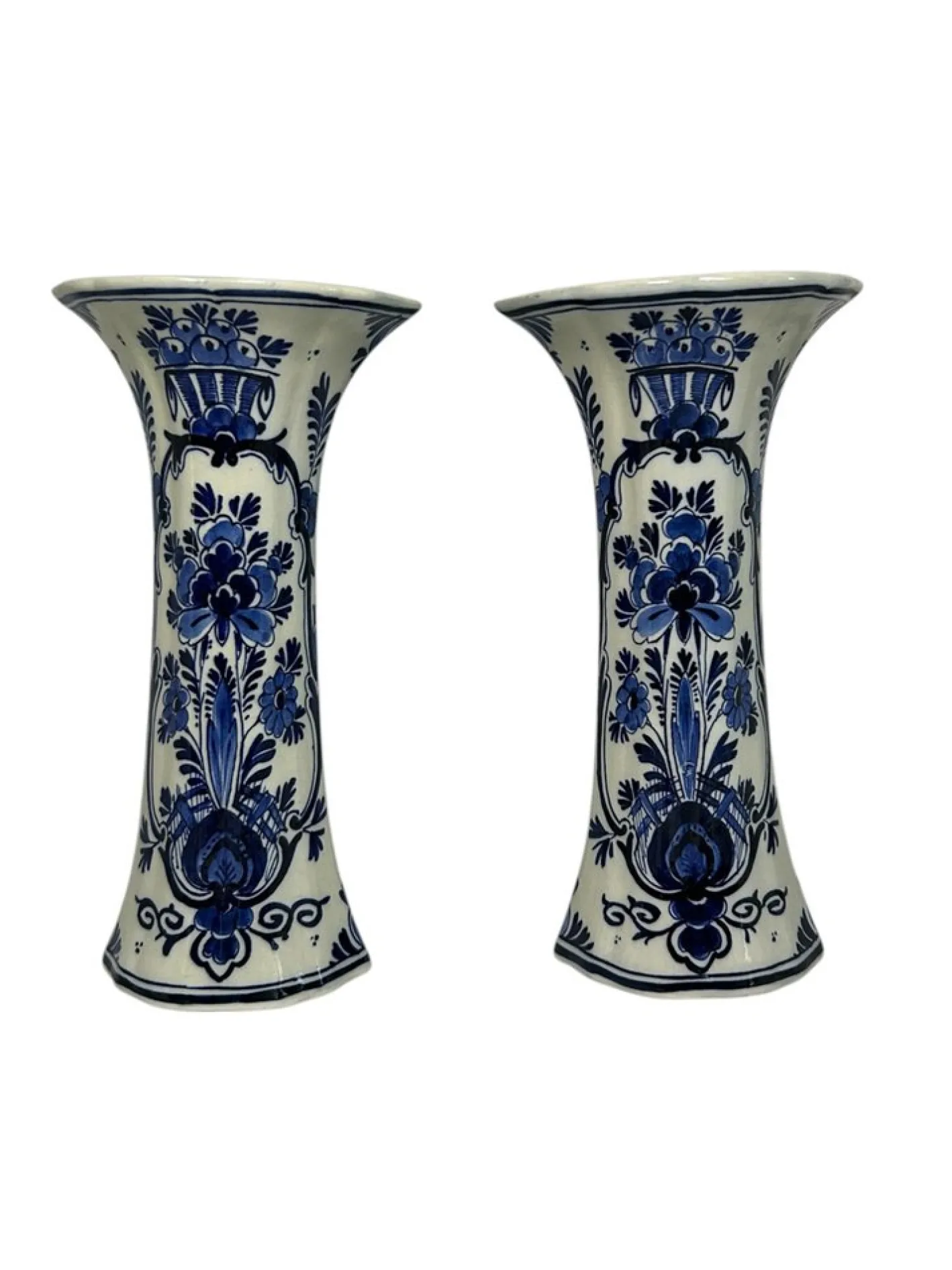 Antike Royal Delft Handbemalte Florale Trompetenförmige Vasen von lgn Ten Dam, 1916, 2er Set