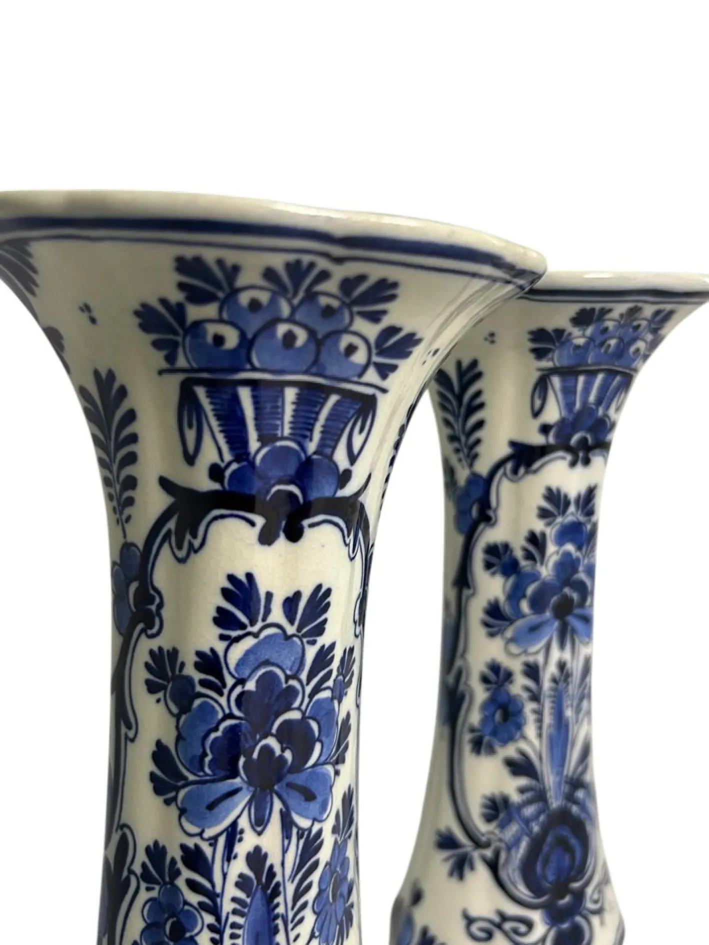 Antike Royal Delft Handbemalte Florale Trompetenförmige Vasen von lgn Ten Dam, 1916, 2er Set