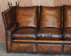 Antikes handgefärbtes braunes 4-Sitzer Ledersofa von Knoll
