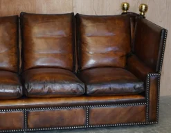 Antikes handgefärbtes braunes 4-Sitzer Ledersofa von Knoll