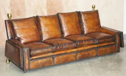 Antikes handgefärbtes braunes 4-Sitzer Ledersofa von Knoll
