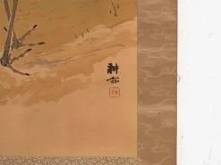 Antikes japanisches Kakejiku eines Kranichs in Farbe auf Papier, 1900