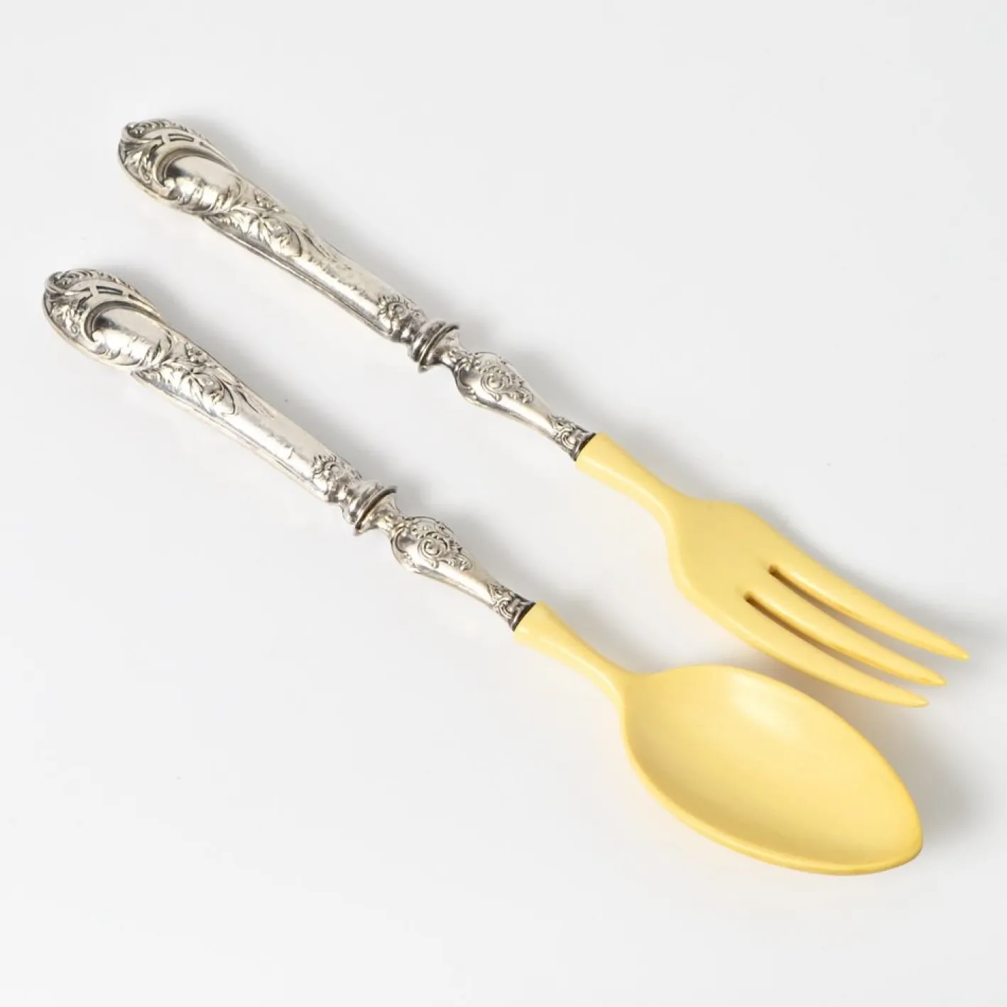 Antikes Salatbesteck in Silber & Elfenbeinimitat, 1890er, 2er Set