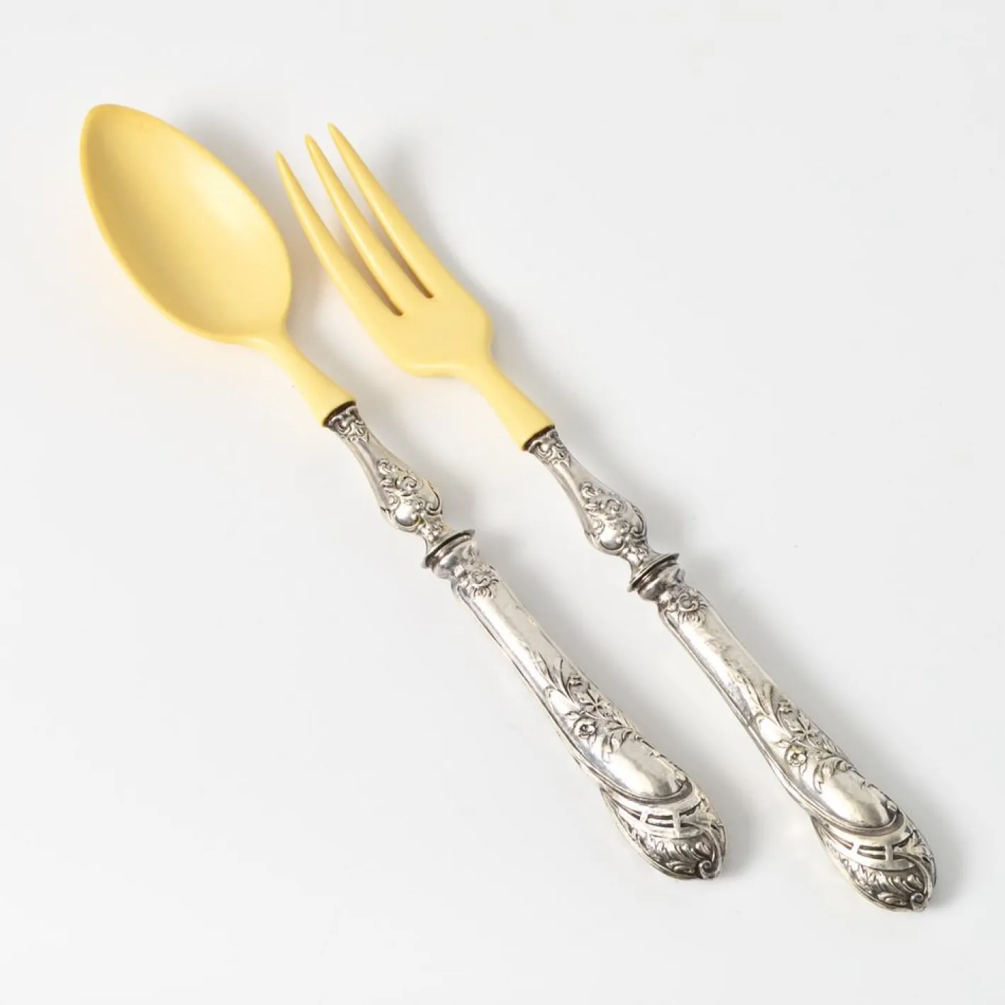 Antikes Salatbesteck in Silber & Elfenbeinimitat, 1890er, 2er Set