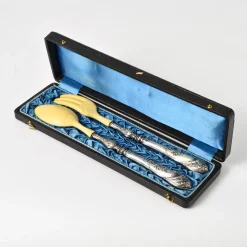 Antikes Salatbesteck in Silber & Elfenbeinimitat, 1890er, 2er Set