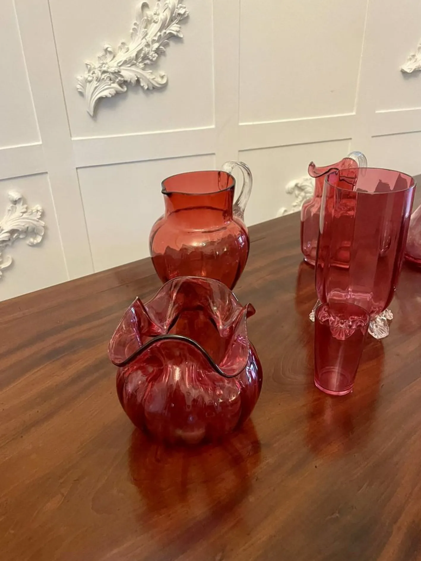 Antike viktorianische Cranberry Glasartikel, 1880, 7 . Set