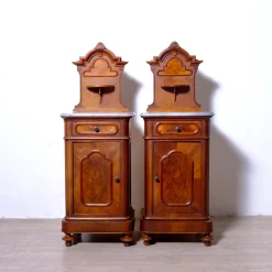 Antique Bedside Tables with Marble Backsplashes and Bases, Late 19th Century, Set of 2