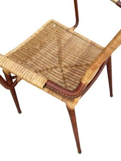 Armlehnstühle aus genähtem Leder & Rattan von Jacques Adnet, 1950er, 2er Set