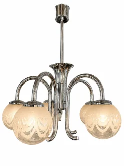 Art Deco Chrom Kronleuchter mit Fünf Leuchten und Geätzten Glaskugeln, 1940er