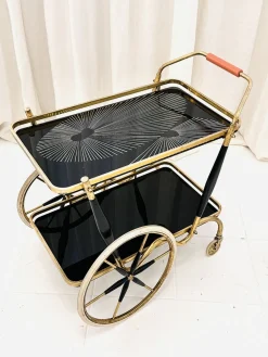 Art Deco Servierwagen aus Messing & schwarzem Glas, 1950er