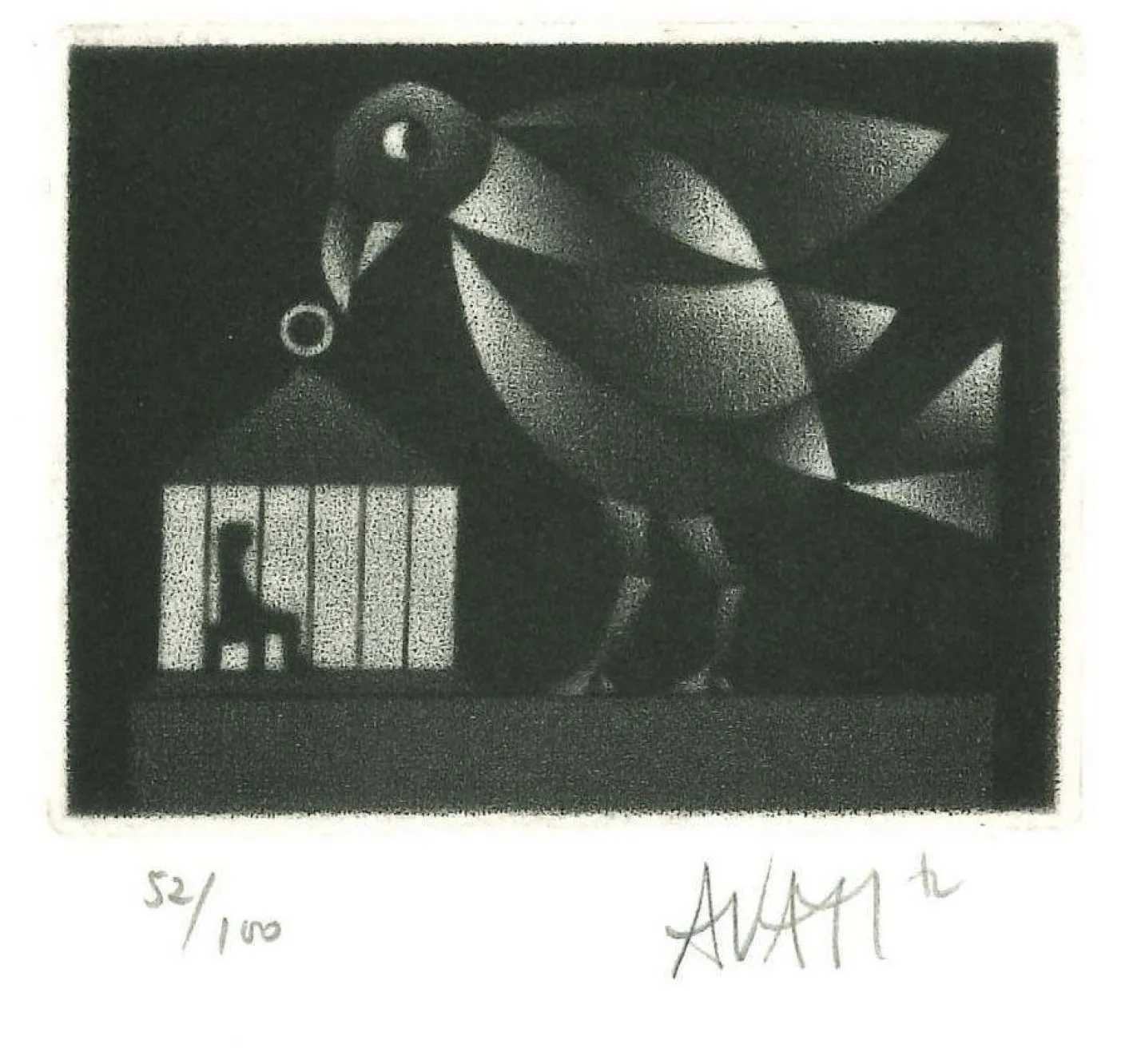 Bird and Cage - Original Radierung auf Papier von Mario Avati - 1970s 1970s