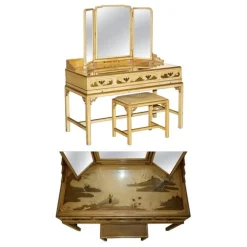 Chinesischer Chinoiserie Frisiertisch und Hocker aus Nussholz, 1920er, 2er Set