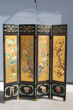 Chinesischer Lackierter Wandschirm mit Emaille und Lotusblumendekoration, 1950er