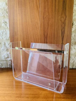 David Lange zugeschriebener Zeitschriftenständer aus Acrylglas & Messing, 1970er