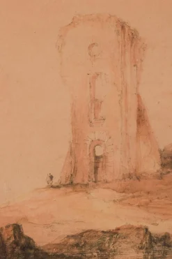 Figuren und Turm, 19. Jh., Aquarell auf Papier