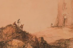 Figuren und Turm, 19. Jh., Aquarell auf Papier