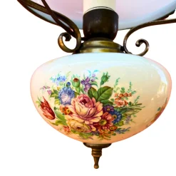 Französische Blaue Opalglas Hängelampe mit Floralem Dekor aus Messing & Opalglas, 1940er