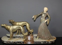Georges Gori, Frau mit Windhunden, 1925, Faux Chryséléphantine