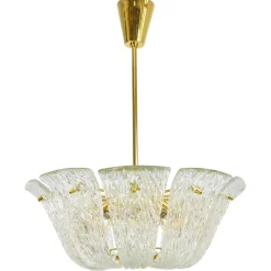 Große Geschwungene Vintage Korblampe aus Messing & Strukturglas von JT Kalmar für Kalmar, Vienna, 1950