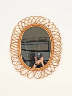 Großer ovaler Spiegel aus Bambus, Rattan & Korbgeflecht von Franco Albini, Italien, 1970er