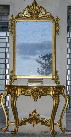 2. Hälfte 20. Jh. Konsole mit Spiegel aus geschnitztem und vergoldetem Holz, Frankreich, 1890er, 2er Set
