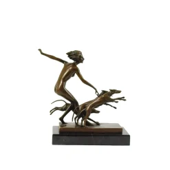 Josef Lorenzl, Art Deco Frauenakt mit Hunden, 1920er, Bronze auf Marmorsockel