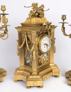 Napoleon III Kaminsims-Set aus vergoldeter Bronze, 3er Set