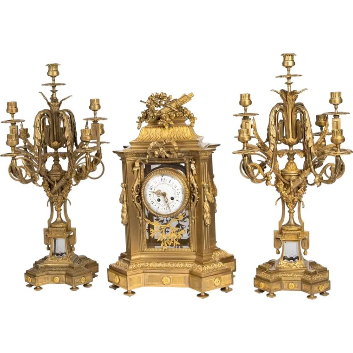 Napoleon III Kaminsims-Set aus vergoldeter Bronze, 3er Set