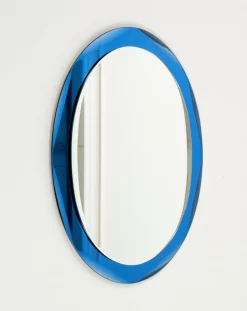 Ovaler Mid-Century Wandspiegel mit blauem Rahmen im Stil von Cristal Arte, Italien, 1960er