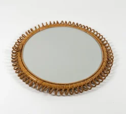 Runder Mid-Century Wandspiegel aus Rattan & Bambus im Stil von Franco Albini, Italien, 1960er