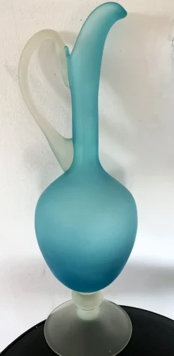Sandgestrahlte Glaskaraffe in Türkis & Weiß, 1970er