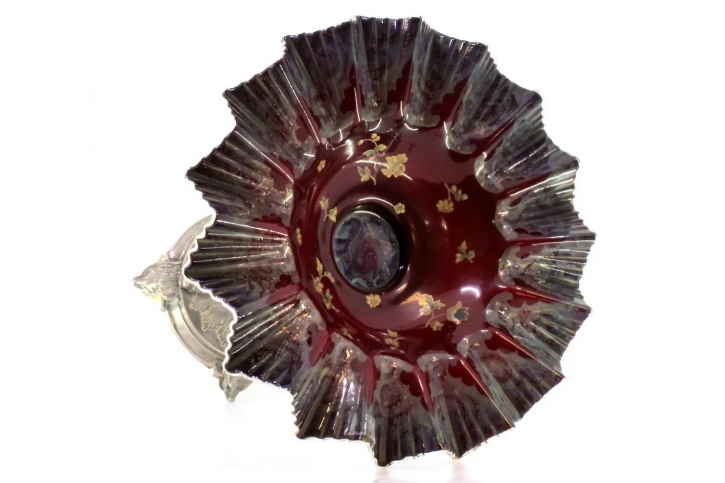 Silberner Obstschalen-Aufsatz mit gewelltem Glasbecher und Fisch- und Wölfe-Figuren