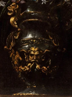 Unbekannt, Blumenvase in einer Metallvase mit Maske, Ölgemälde, Frühes 17. Jahrhundert