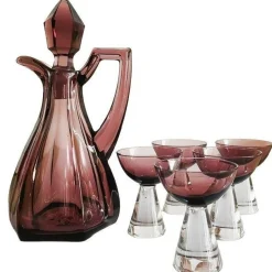 Vintage Art Deco Glaskaraffe mit Gläsern in Lila, 1950er, 6er Set