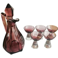 Vintage Art Deco Glaskaraffe mit Gläsern in Lila, 1950er, 6er Set