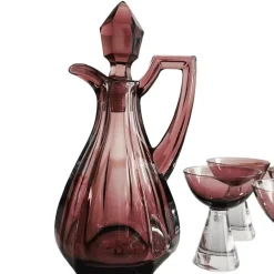 Vintage Art Deco Glaskaraffe mit Gläsern in Lila, 1950er, 6er Set