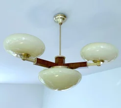 Vintage Art Deco Hängelampe aus Holz & Glas, 1930er