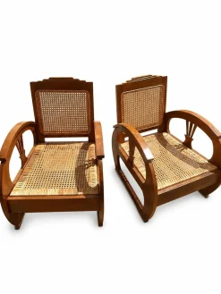 Vintage Art Deco Sessel aus Teak mit handgewebtem französischem Rattan, 1920er, 2er Set