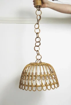 Vintage Hängelampe aus Rattan in Glocken-Optik, 1950er