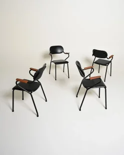 Vintage Stühle aus Leder & Metall mit Holzintarsie, 1950er, 4er Set