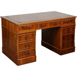 Vintage Yew Schreibtisch mit zwei Sockeln und bordeauxroter Lederplatte